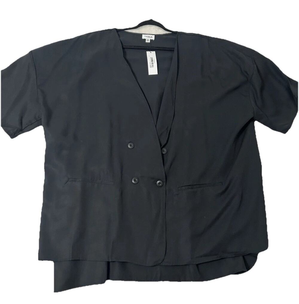 Terea By Andrea Pitter Black Button Front Short Sleeve Challis Top Plus Large 1
